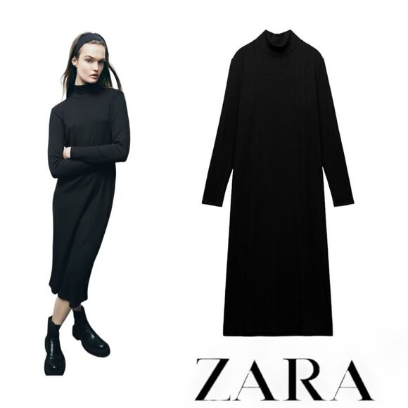 ZARA | Black | LONG RIBBED DRESS - Picture 1 of 13